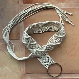 Cream Macrame Belt with Intricate Knotted Design and Large Metal Ring